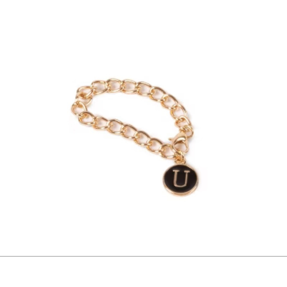 NEW Gold Tone Monogram Chain Bracelet with Black 'U' Charm, One Size